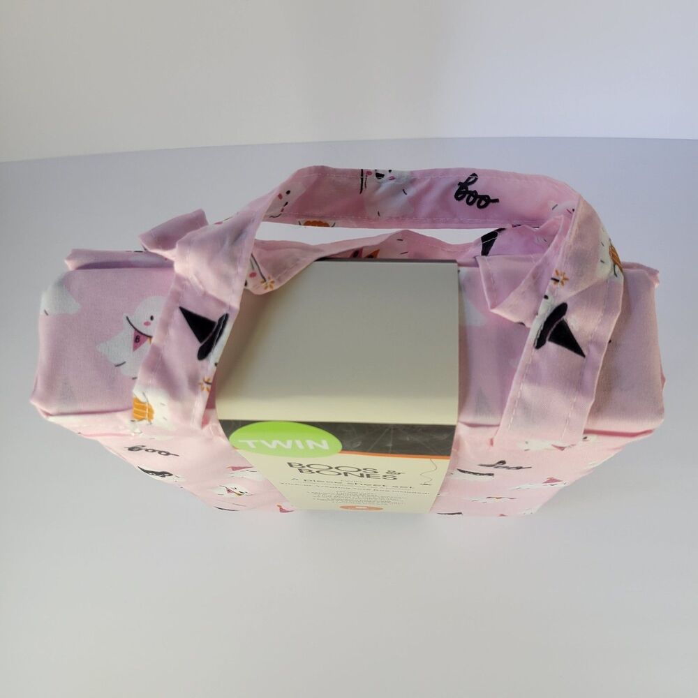 Halloween Pink White Cute Ghosts Boos & Bones TWIN 4pc Sheets Set Girls Bedding - Picture 8 of 11